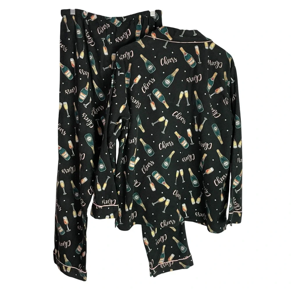 PJ Salvage Womens Champagne Cheers Pajama Set Size M Black Flannel New Years